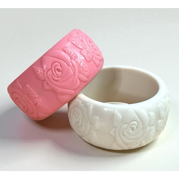 Vintage Style Floral Molded Bangles Pink & Cream Wide Plastic Bracelets Lot of 2 - Picture 1 of 12